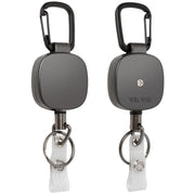 Will Well ID Badge Holder Reel with Clip and Keyring - Heavy-Duty All-Metal Casing with 27.5" UHMWPE Fiber Pull Cord for Durability and Easy Access, Holds up to 8 Keys - 2-Pack, Round, Glossy Black
