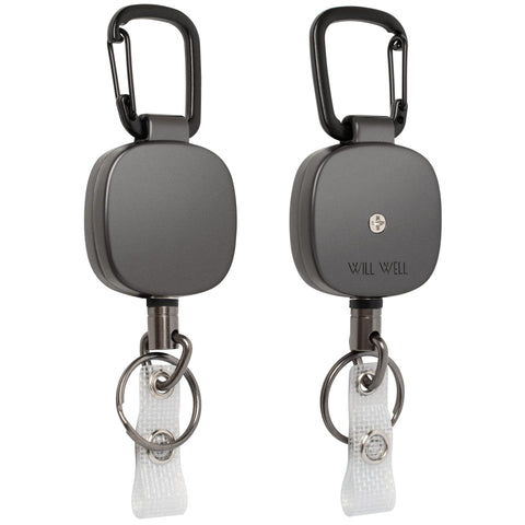 Will Well ID Badge Holder Reel with Clip and Keyring - Heavy-Duty All-Metal Casing with 27.5" UHMWPE Fiber Pull Cord for Durability and Easy Access, Holds up to 8 Keys - 2-Pack, Round, Glossy Black