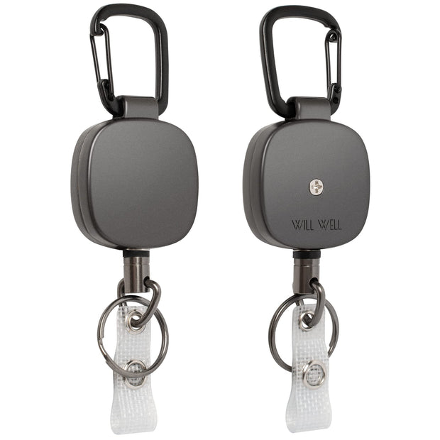 Will Well ID Badge Holder Reel with Clip and Keyring - Heavy-Duty All-Metal Casing with 27.5" UHMWPE Fiber Pull Cord for Durability and Easy Access, Holds up to 8 Keys - 2-Pack, Round, Glossy Black
