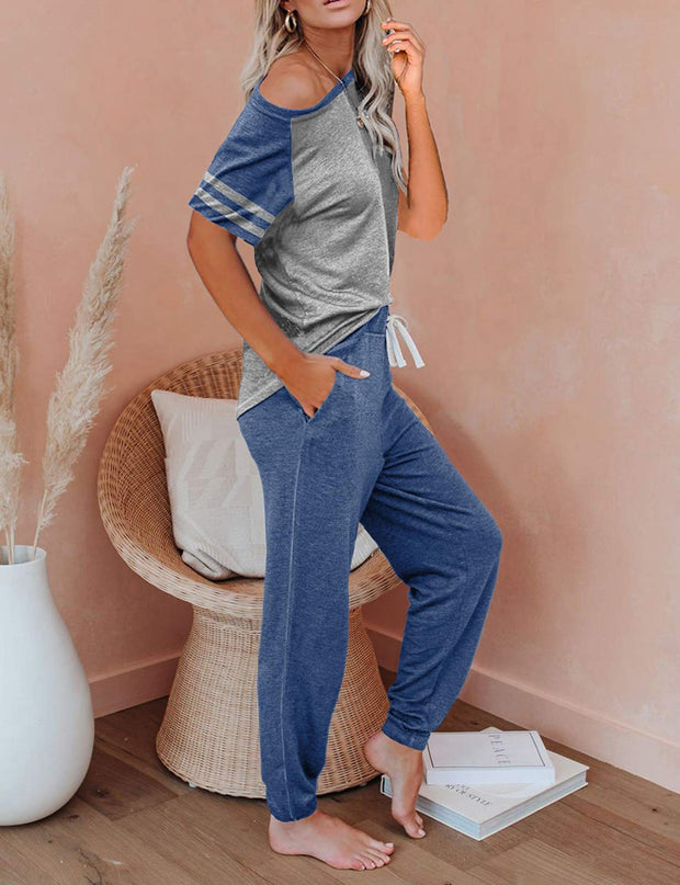 AUTOMET Lounge Sets For Women Two Piece Outfits Loungewear Short Sleeve Crewneck Jogger Pajama Set Sweatpants Tracksuit