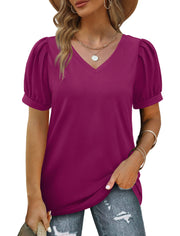 Geifa Womens Summer Tops Puff Short Sleeve V Neck T Shirts Loose Casual Tshirts