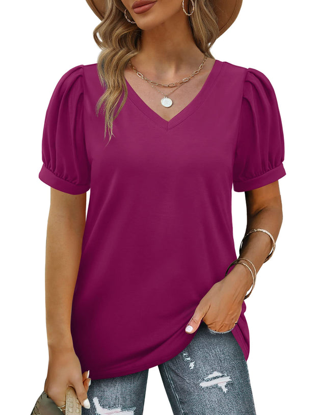 Geifa Womens Summer Tops Puff Short Sleeve V Neck T Shirts Loose Casual Tshirts