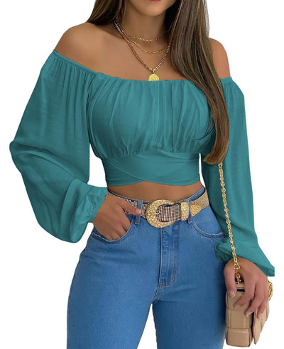 MIRACMODA Woman Off Shoulder Ruched Tie Back Crop Top Summer Lantern Sleeve Boho Shirt Blouse