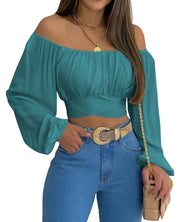 MIRACMODA Woman Off Shoulder Ruched Tie Back Crop Top Summer Lantern Sleeve Boho Shirt Blouse