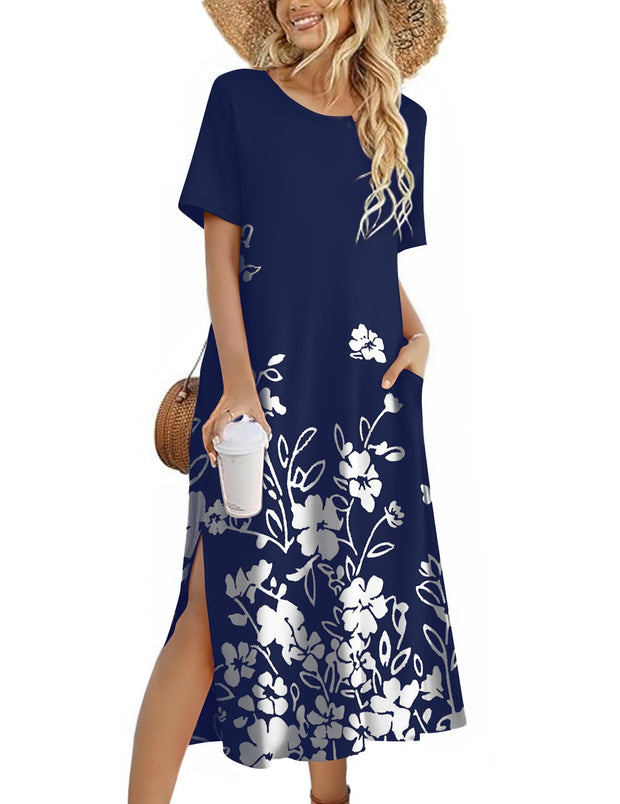 Zeagoo Women Long Sun Dress Summer T Shirt Dresses Beach Dress Casual Short Sleeve Tropical O Neck A Line Maxi Dresses Loose Side Slit Cover Up with Pockets 2025 Black XXL