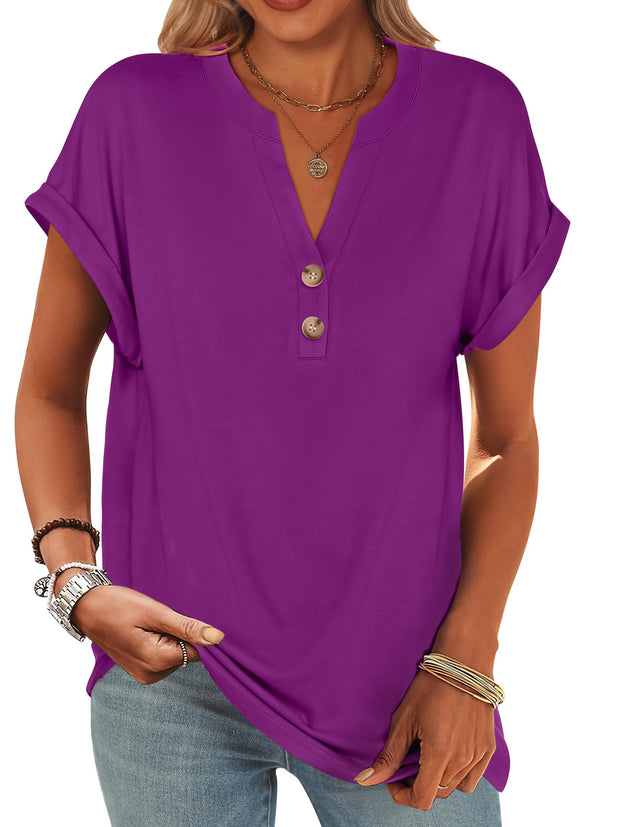 ANRABESS Womens Short Sleeve Henley Tops V Neck Dressy Casual Loose Fit Shirts Summer Flowy Blouses 2025 Trendy Clothes
