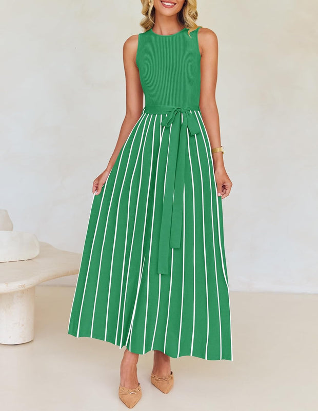 ZESICA Women's Summer Sleeveless Midi Dress 2025 Crewneck Ribbed Knit Tie Waist Casual A Line Swing Dresses