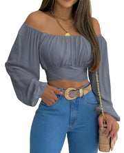 MIRACMODA Woman Off Shoulder Ruched Tie Back Crop Top Summer Lantern Sleeve Boho Shirt Blouse