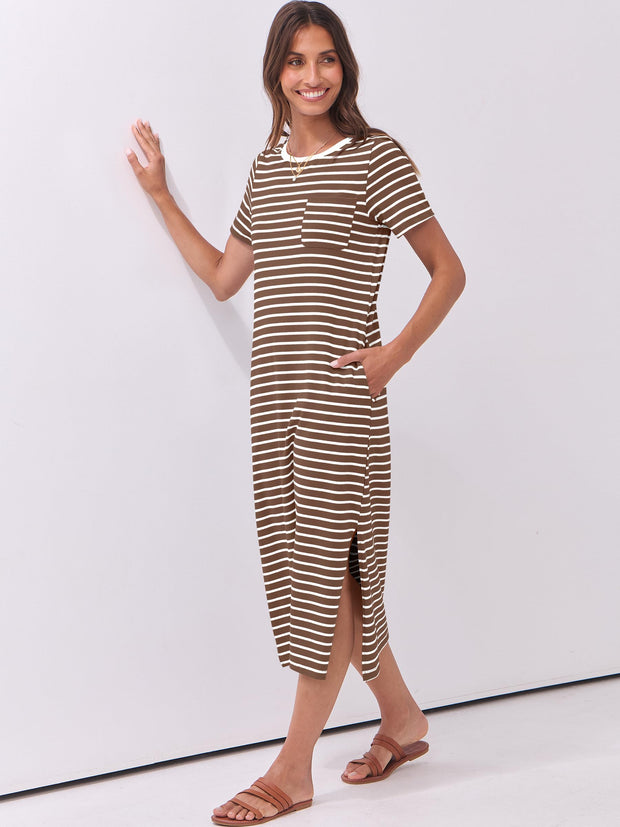 ANRABESS Womens Summer Casual Midi Dress Short Sleeve Crewneck T Shirt Long Dresses Split Stripe Beach Vacation Travel Outfit Small