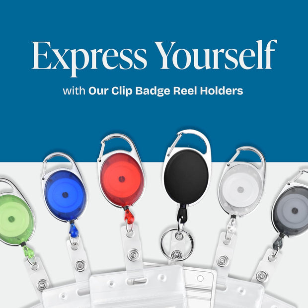 Will Well ID Badge Holders with Clip and Keyring - Horizontal Clear Plastic 2.52" x 3.58" Sleeves Fit Up to 3 Cards - Retractable 24" UHMWPE Fiber Pull Cords for Easy Access - 2-Pack, Black Reels