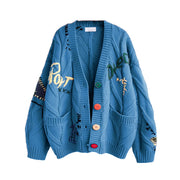 Women's Cable Knit Long Sleeve Open Front Cardigan Sheep V-Neck Button Down Embroidery Wool Blend Sweater Coat Outwear