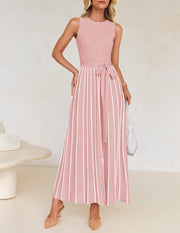ZESICA Women's Summer Sleeveless Midi Dress 2025 Crewneck Ribbed Knit Tie Waist Casual A Line Swing Dresses