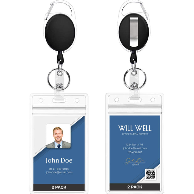 Will Well ID Badge Holders with Clip and Keyring - Horizontal Clear Plastic 2.52" x 3.58" Sleeves Fit Up to 3 Cards - Retractable 24" UHMWPE Fiber Pull Cords for Easy Access - 2-Pack, Black Reels