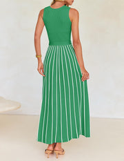 ZESICA Women's Summer Sleeveless Midi Dress 2025 Crewneck Ribbed Knit Tie Waist Casual A Line Swing Dresses
