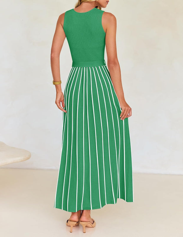 ZESICA Women's Summer Sleeveless Midi Dress 2025 Crewneck Ribbed Knit Tie Waist Casual A Line Swing Dresses