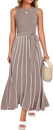 ZESICA Women's Summer Sleeveless Midi Dress 2025 Crewneck Ribbed Knit Tie Waist Casual A Line Swing Dresses