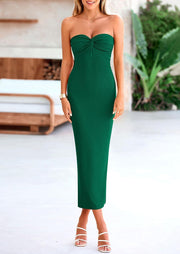 PRETTYGARDEN Women's Bodycon Long Dresses Summer Strapless Tube Twist Knot Front Ribbed Knit Maxi Cocktail Dress with Slit
