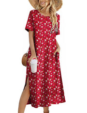 Zeagoo Women Long Sun Dress Summer T Shirt Dresses Beach Dress Casual Short Sleeve Tropical O Neck A Line Maxi Dresses Loose Side Slit Cover Up with Pockets 2025 Black XXL