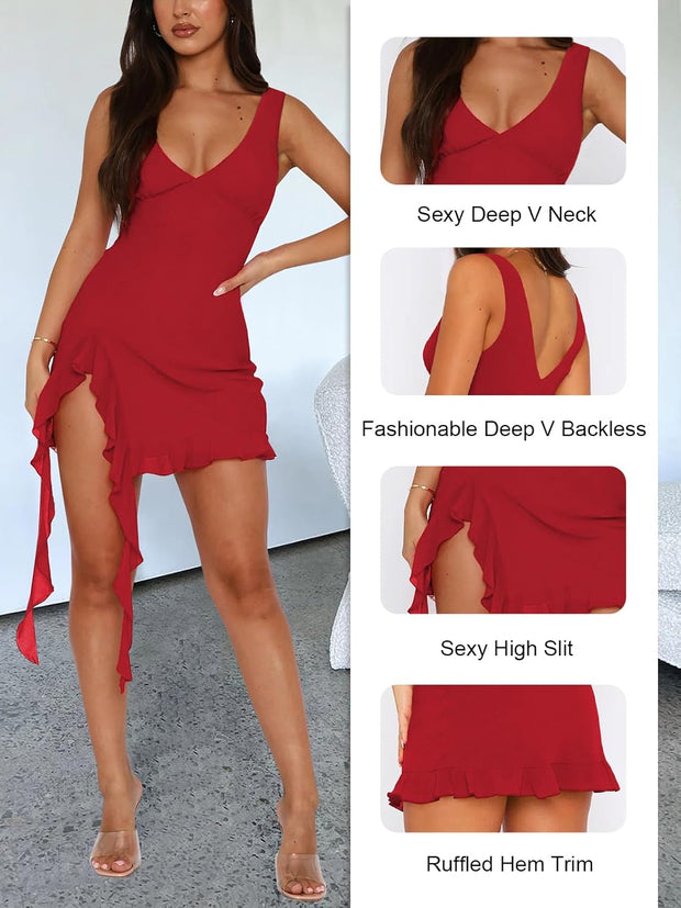 Women Sleeveless Sexy V Neck Bodycon Mini Dress Summer Side Slit Mesh Irregular Ruffle Hem Backless Short Dress