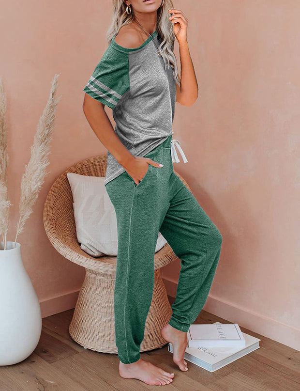 AUTOMET Lounge Sets For Women Two Piece Outfits Loungewear Short Sleeve Crewneck Jogger Pajama Set Sweatpants Tracksuit