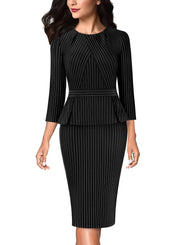 VFSHOW Womens Pleated Crew Neck Peplum Work Business Office Bodycon Pencil Sheath Dress