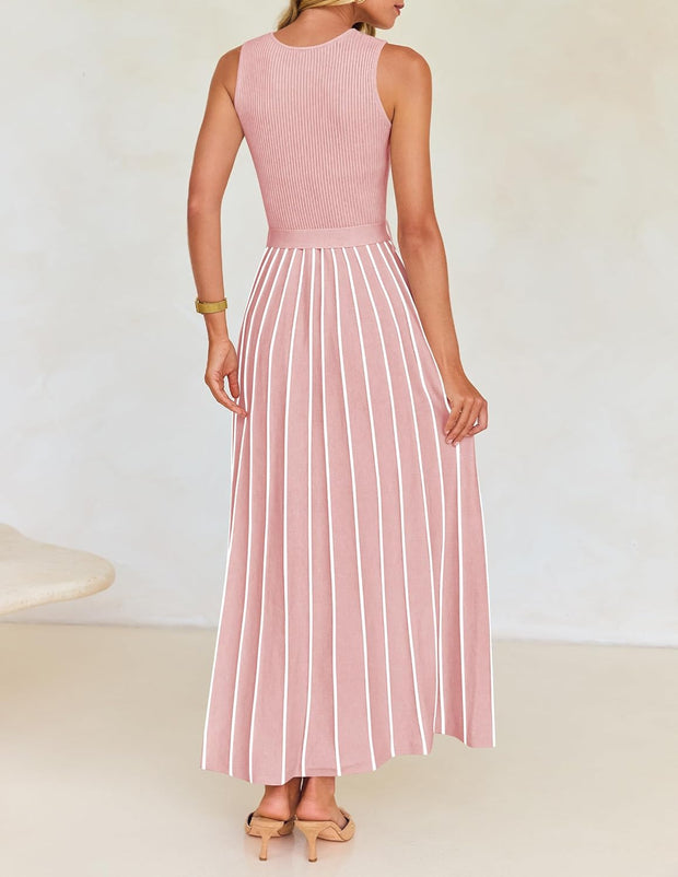 ZESICA Women's Summer Sleeveless Midi Dress 2025 Crewneck Ribbed Knit Tie Waist Casual A Line Swing Dresses
