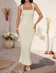 ZESICA Women's Summer Bodycon Midi Dress Sleeveless Square Neck Slim Fit Back Slit Long Cocktail Party Dresses