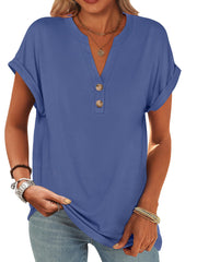 ANRABESS Womens Short Sleeve Henley Tops V Neck Dressy Casual Loose Fit Shirts Summer Flowy Blouses 2025 Trendy Clothes