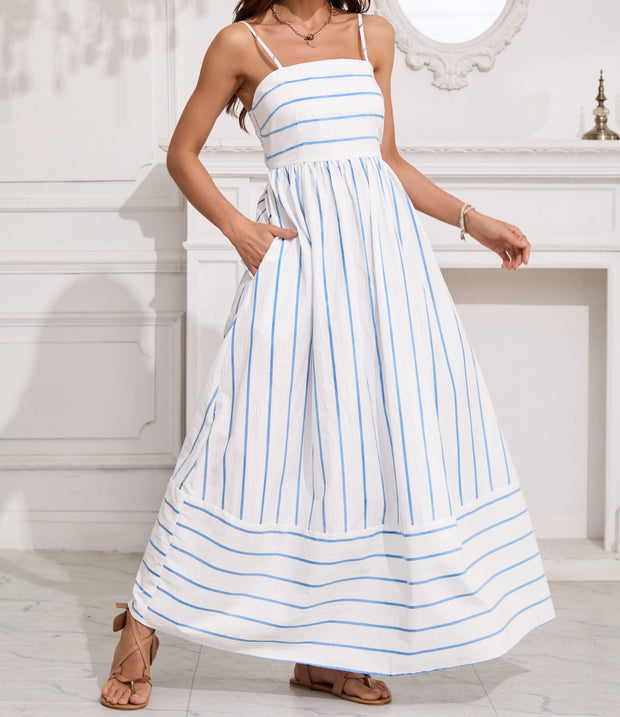 chouyatou Women's Striped Back Smocked Maxi Dress Sexy Spaghetti Strap Cut Out Flowy Swing Long Dress (Small, Apricot)