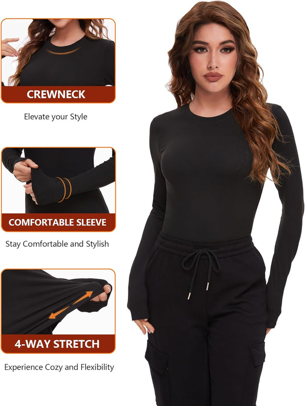4 Pack Women’s Long Sleeve Basic Shirts Crew Neck Slim Fitted Compression Gym Workout Athletic Underscrubs Tops