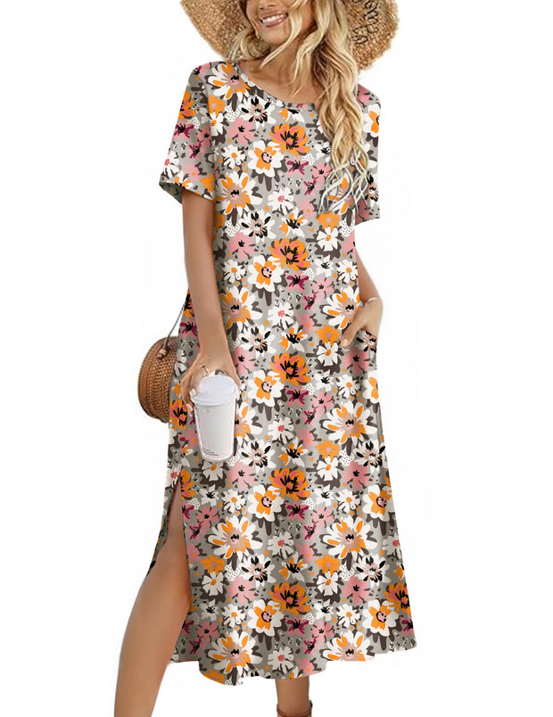 Zeagoo Women Long Sun Dress Summer T Shirt Dresses Beach Dress Casual Short Sleeve Tropical O Neck A Line Maxi Dresses Loose Side Slit Cover Up with Pockets 2025 Black XXL