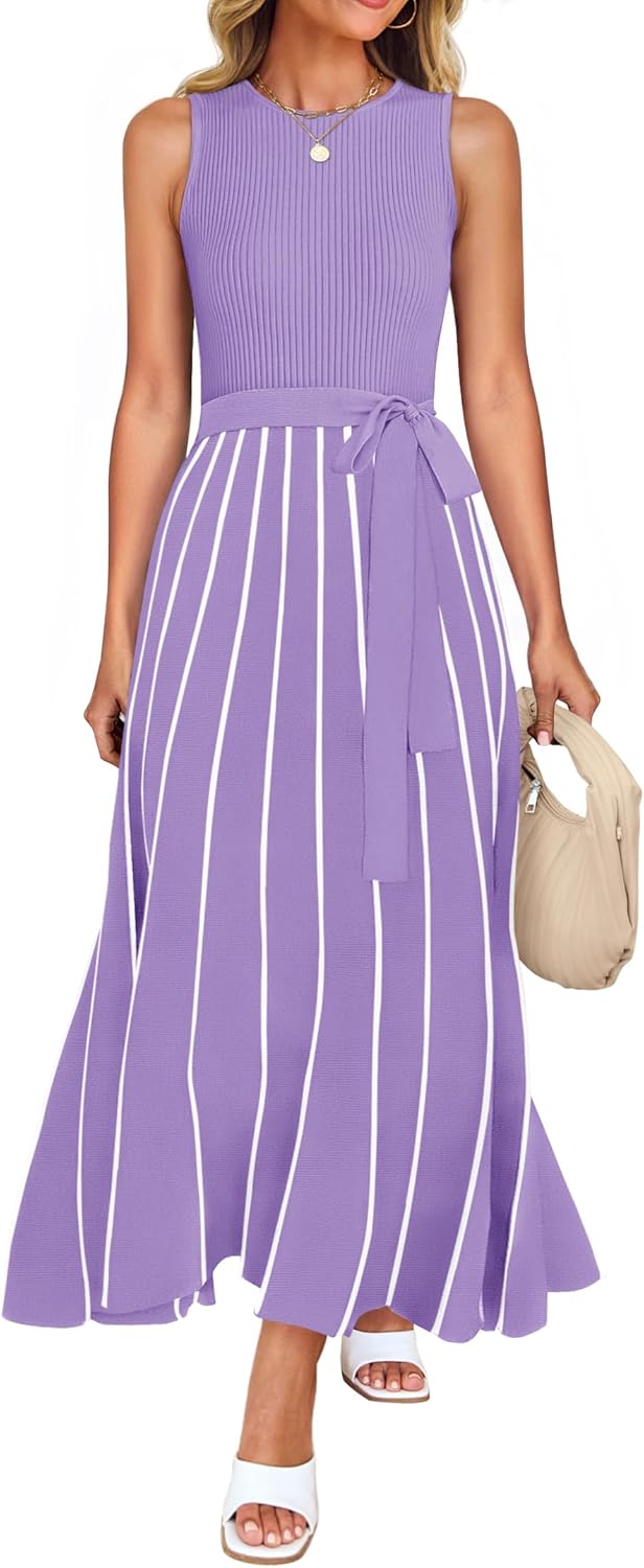 ZESICA Women's Summer Sleeveless Midi Dress 2025 Crewneck Ribbed Knit Tie Waist Casual A Line Swing Dresses