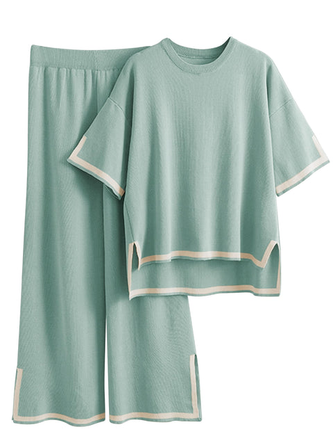 Tanming Sweater Sets Women 2 Piece Lounge Sets Short Sleeve Knit Pullover Tops Wide Leg Pants