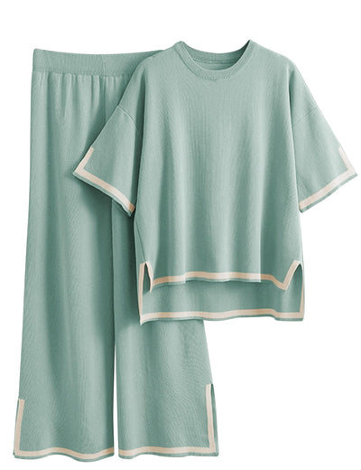 Tanming Sweater Sets Women 2 Piece Lounge Sets Short Sleeve Knit Pullover Tops Wide Leg Pants