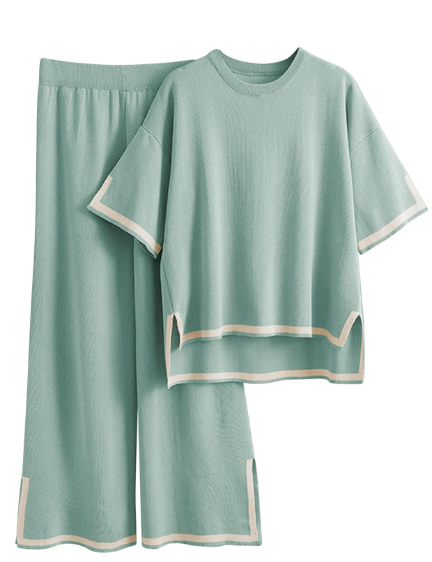 Tanming Sweater Sets Women 2 Piece Lounge Sets Short Sleeve Knit Pullover Tops Wide Leg Pants