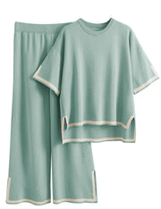 Tanming Sweater Sets Women 2 Piece Lounge Sets Short Sleeve Knit Pullover Tops Wide Leg Pants