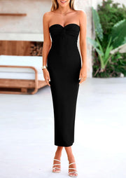 PRETTYGARDEN Women's Bodycon Long Dresses Summer Strapless Tube Twist Knot Front Ribbed Knit Maxi Cocktail Dress with Slit