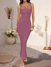 ZESICA Women's Summer Bodycon Midi Dress Sleeveless Square Neck Slim Fit Back Slit Long Cocktail Party Dresses