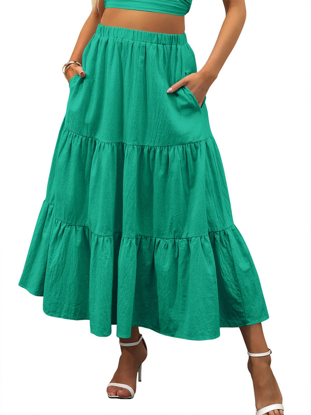 ANRABESS Women’s Summer Boho Flowy Swing Tiered A-Line Maxi Skirt 2025 Fashion Trendy Elastic Waist Pleated Long Beach Dress