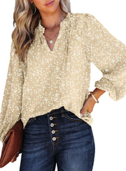 Dokotoo Women's Casual V Neck Alicia Floral Print Smocked Long Sleeve Chiffon Blouses Bohemian Top Shirts