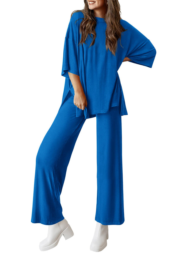 PRETTYGARDEN Women's 2 Piece Outfits Casual Short Sleeve Pullover Tops and Wide Leg Pants Lounge Sets Tracksuits