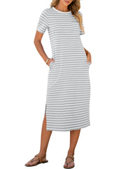 ANRABESS Womens Summer Casual Midi Dress Short Sleeve Crewneck T Shirt Long Dresses Split Stripe Beach Vacation Travel Outfit Small