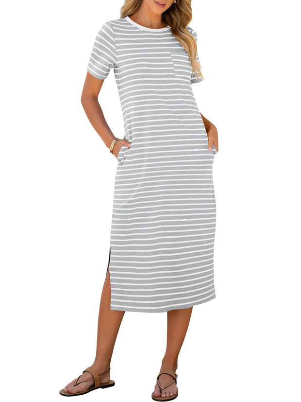 ANRABESS Womens Summer Casual Midi Dress Short Sleeve Crewneck T Shirt Long Dresses Split Stripe Beach Vacation Travel Outfit Small