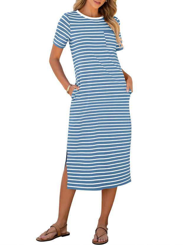 ANRABESS Womens Summer Casual Midi Dress Short Sleeve Crewneck T Shirt Long Dresses Split Stripe Beach Vacation Travel Outfit Small