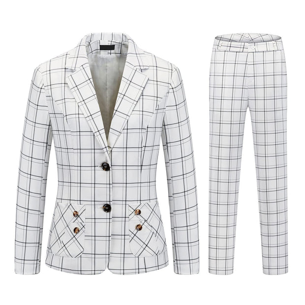 Womens 2 Piece Plaid Suits Set Business Office One Button Blazer Jacket Casual Long Sleeve Pant Suit Set