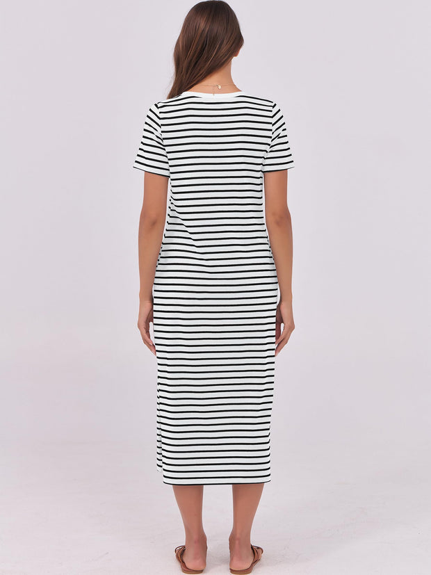 ANRABESS Womens Summer Casual Midi Dress Short Sleeve Crewneck T Shirt Long Dresses Split Stripe Beach Vacation Travel Outfit Small