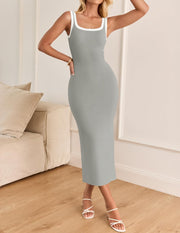 ZESICA Women's 2025 Summer Bodycon Midi Dress Casual Sleeveless Square Neck Side Slit Knit Vacation Long Dresses