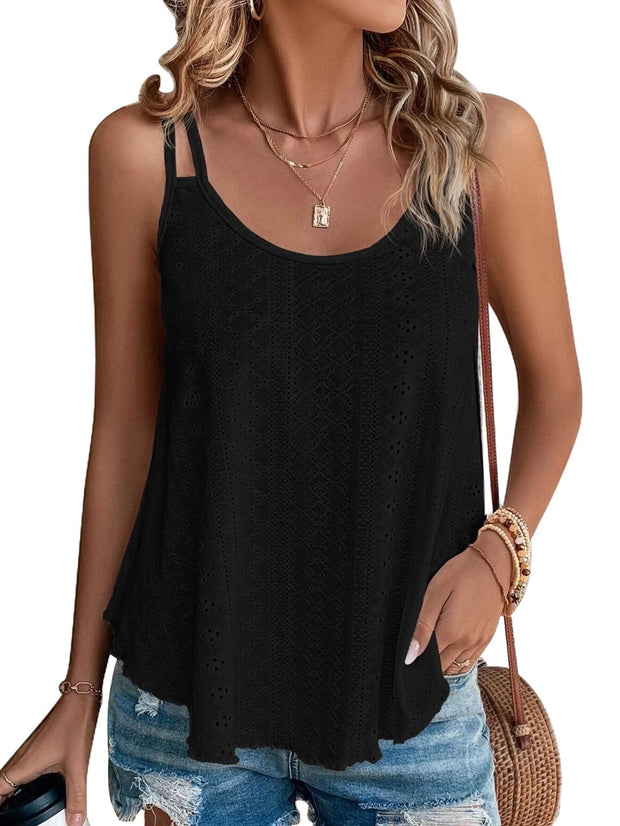 KKJ Womens Cute Tank Tops Eyelet Sleeveless Spaghetti Strap Scoop Neck Loose Casual 2025 Summer Beach Vacation Flowy Shirts
