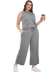 SAMPEEL Two Piece Sets for Women Summer Outfits Lounge Sets Mock Neck Tops Wide Leg Crop Pants Vacation Travel Outfits