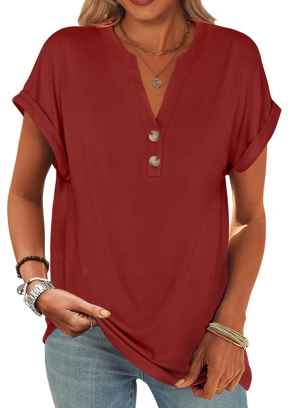 ANRABESS Womens Short Sleeve Henley Tops V Neck Dressy Casual Loose Fit Shirts Summer Flowy Blouses 2025 Trendy Clothes
